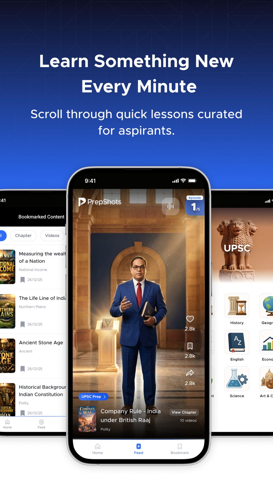 PrepShots reel feed — learn something new every minute, scroll through quick lessons curated for aspirants